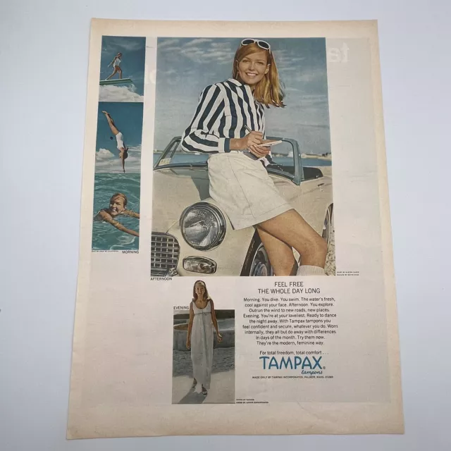 Tampax Tampons 1968 Print Ad 10"x13.5" Feminine Hygiene swimming evening dress