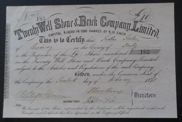 Twenty Well Stone & Brick Co. Ltd. £10 share certificate dated 1871