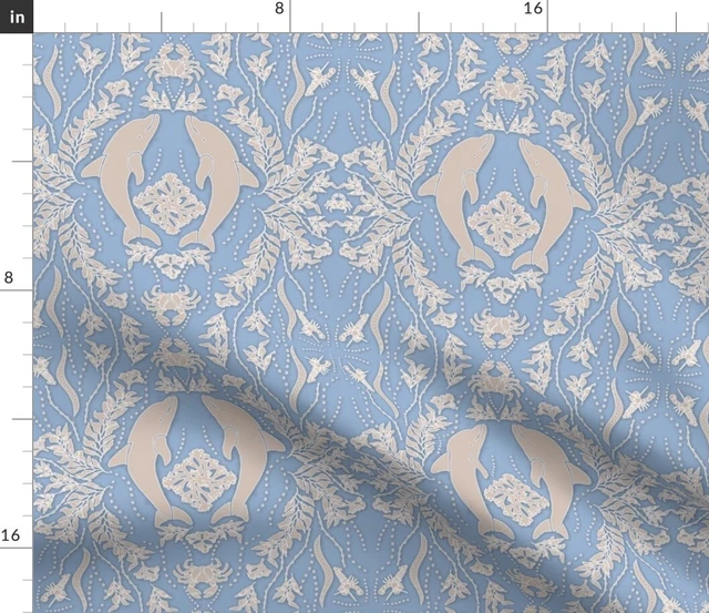 Dolphin Damask Soft Blue Tropical Coastal Island Spoonflower Fabric by the Yard