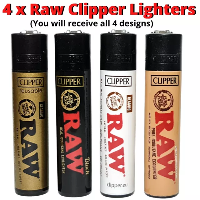 4 x RAW Clipper Lighters CLASSIC BLACK GOLD WHITE Full Set REFILLABLE GAS FLINT