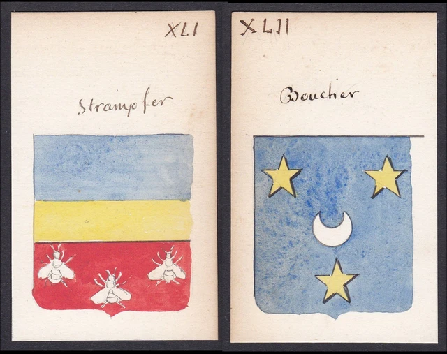 19. Siglo Boucher Strampfer Francia Escudo Nobleza Abrigo De Arms Acuarela