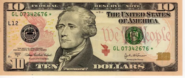 $10 San Francisco (L12) Star Note - Series 2004A Green Seal (Colorized)