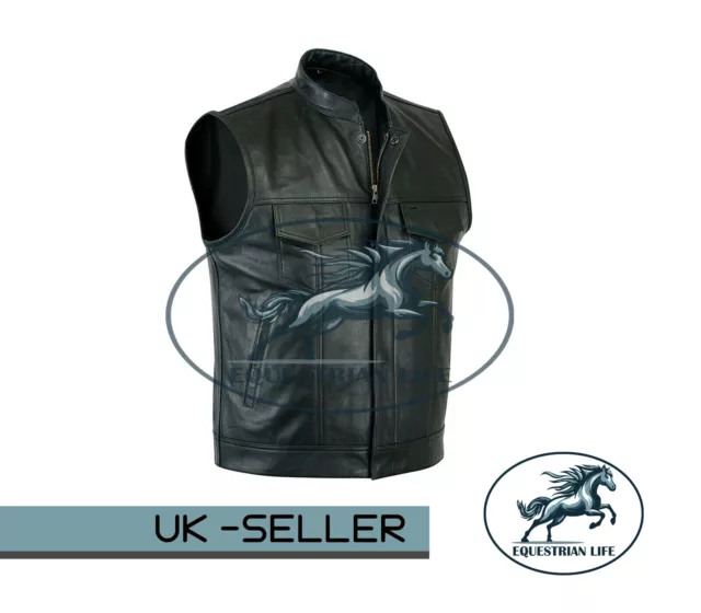 Mens Motorbike Soa Real Leather Waistcoat Motorcycle Biker Cut off Waistcoat