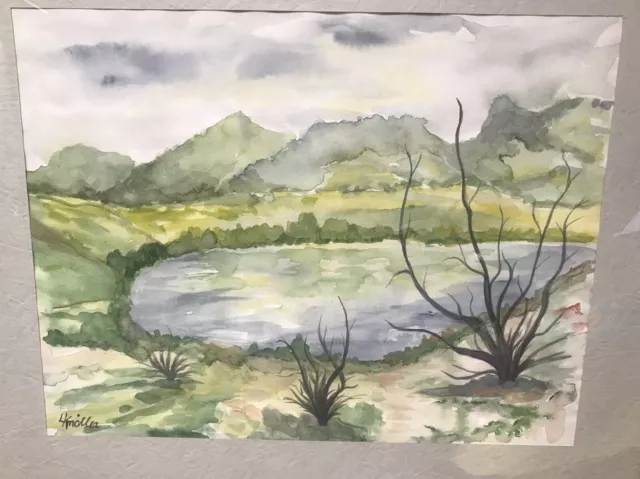 Tableau Peinture Aquarelle Originale  par Leny Knöller  Paysage Montagne Lac XXe