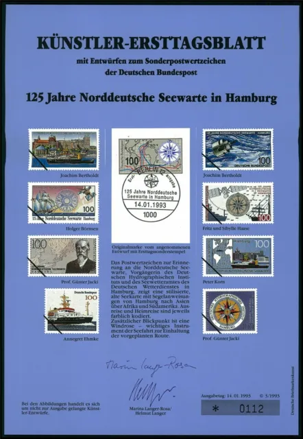 Brd Künstler-Etb 1993/03 1647 Seewarte Hamburg Schiffe Satellit Space!!