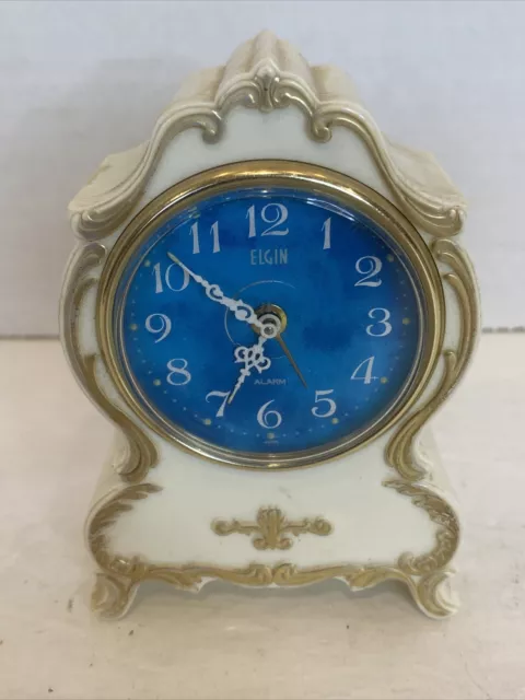 VINTAGE ELGIN Wind Up Alarm Clock 4" tall  WORKS! 85442