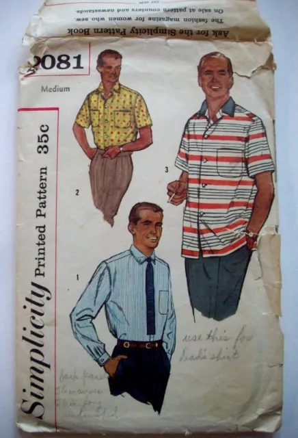 50's Mens dress casual shirt pattern 2081 size medium 38-40
