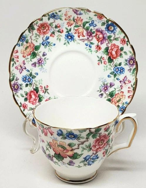 Crown Staffordshire Springtime Footed Cup & Saucer Set Fine Bone China England