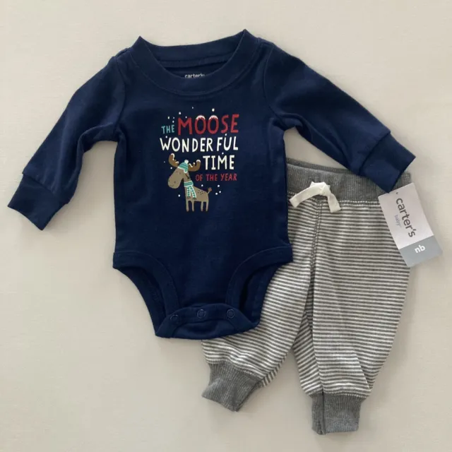Carter’s Baby Boy Newborn Moose Bodysuit Pants Set Outfit Holiday Blue Gray