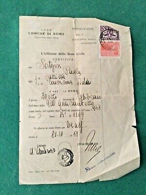 Certificato di Nascita 1948 Comune di Roma con marche da bollo