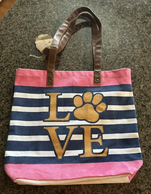 Bolso de Mano Simply Southern Collection LOVE Pawprint Lona Nuevo con Etiquetas Mascota a Rayas