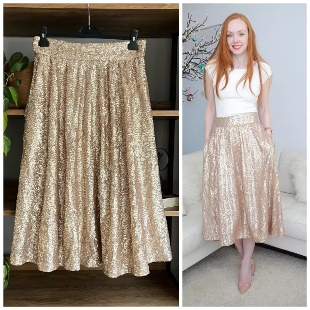 River Island 12 - 14 Pale Gold Sequin Flared Midi Skirt with Pockets BNWOT