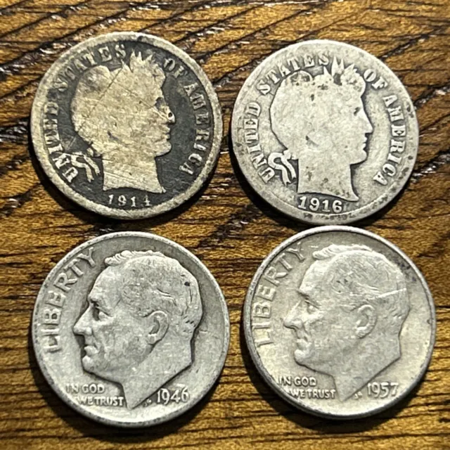 Silver 1914 1916 Barber Dimes 1946 1957 Silver Dime Lot Of 4 Toned Silver A2706