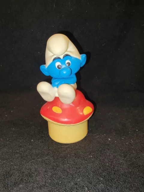 Vintage Peyo Smurf Figure on Mushroom Jewelry Box. Works  6.5" ©1982
