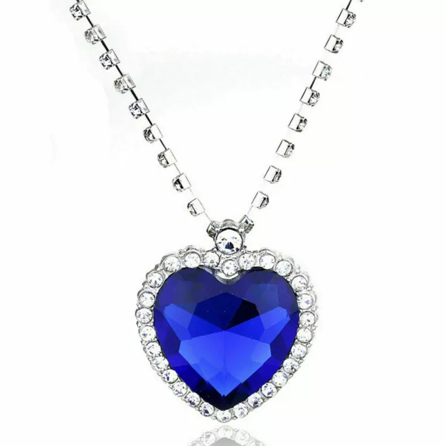Titanic HEART OF OCEAN Blue CRYSTAL Pendant NECKLACE Lab-Cerated Silver Plated
