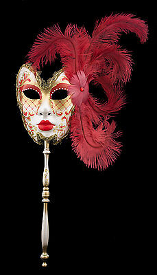 Mask from Venice IN Stick Feathers Ostrich Red-Gold-Carnival venitien-1429 TG5