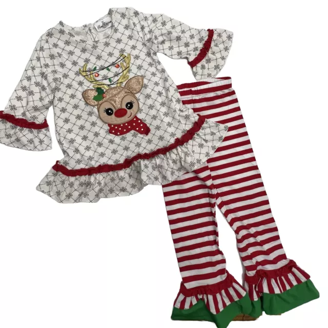 RARE EDITIONS Christmas Reindeer Appliqué Top Legging Set Girls 5 Sparkle Beads