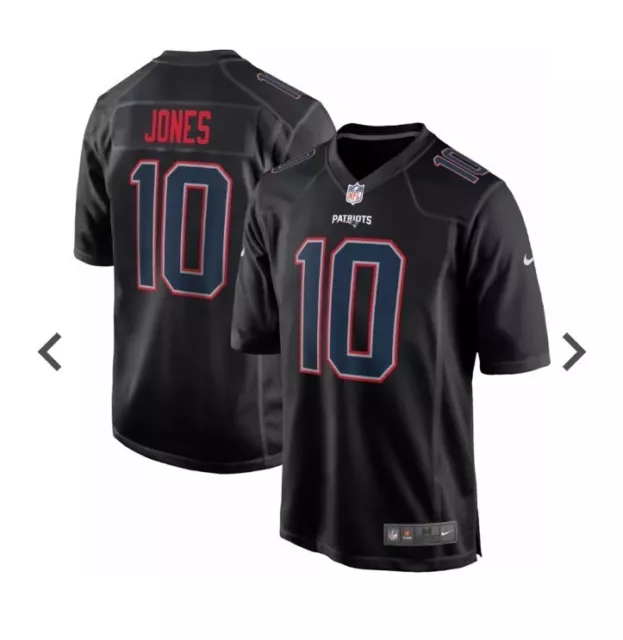 Camiseta deportiva oficial de los New England Patriots Mac Jones #10 Nike negra para jugador de la NFL L