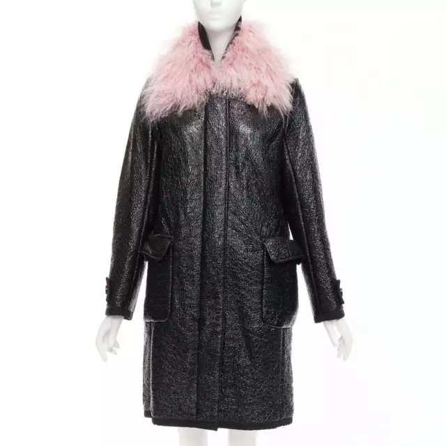 MONCLER pink tibet lamb fur black patent cotton virgin wool blend coat Sz1 M
