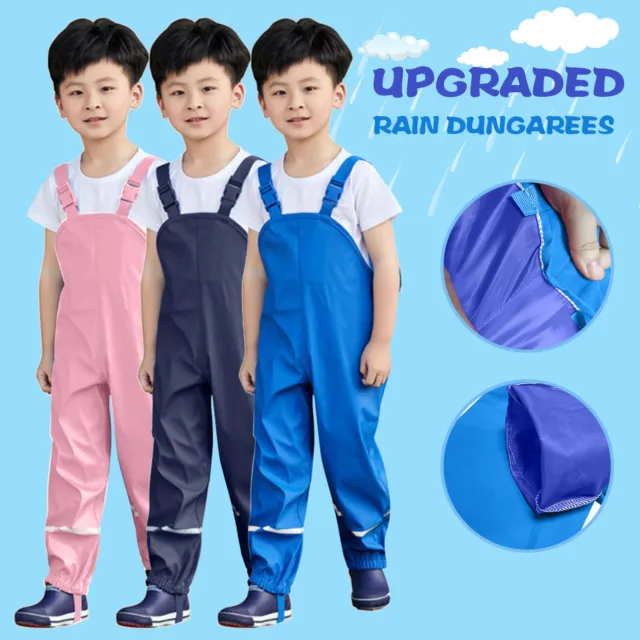 Kids Boy Girl Rain Dungarees Pants Waterproof Mud Jumpsuit Clothes With Lining
