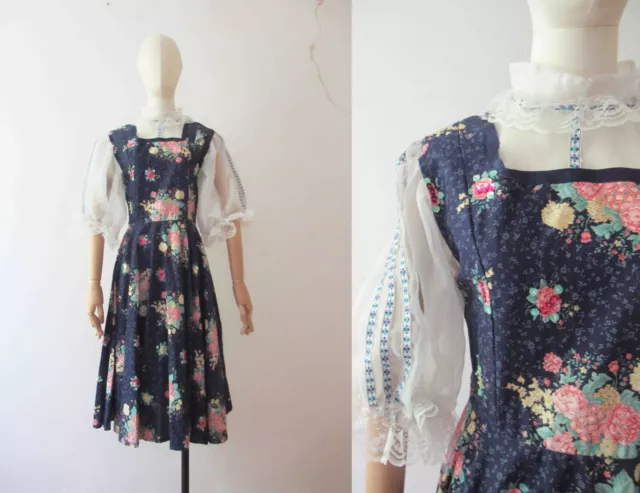 Vintage 80s Navy Blue Floral Cotton Puff Sleeve Handmade Vintage Dress Small