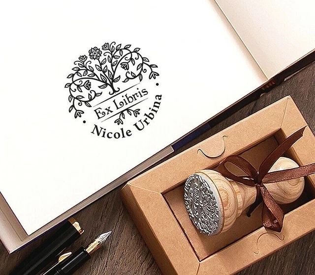 Baum des Lebens Ex libris Buch Stempel Personalisiert Handgemacht in Geschenkbox