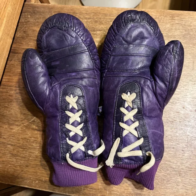 Vintage 70s Womens Grandoe Purple Lace Up Leather Ski Gloves Rare! Boxer Look.