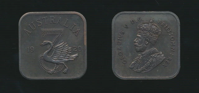 Australia 1920 KGV Crowned Effigy Bronze Pattern Square Swan Threepence 3d