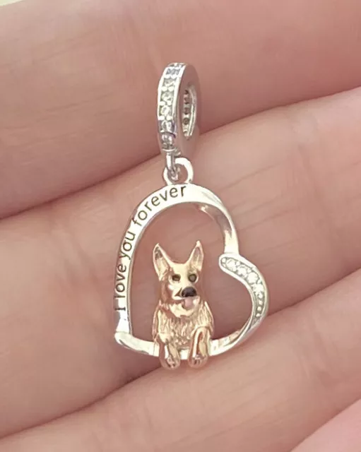 German Shepherd Dog Charm Love You Forever 925 Sterling Silver Heart Pendant