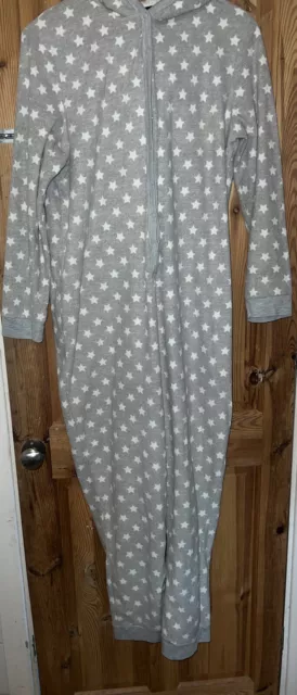 Debenhams Size 16 All In One PJs Pyjamas Womens Grey Star Ladies Hooded Fleece