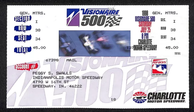 1998 Charlotte Motor Speedway Visionaire 500 Indy Racing Ticket Peggy Swalls*