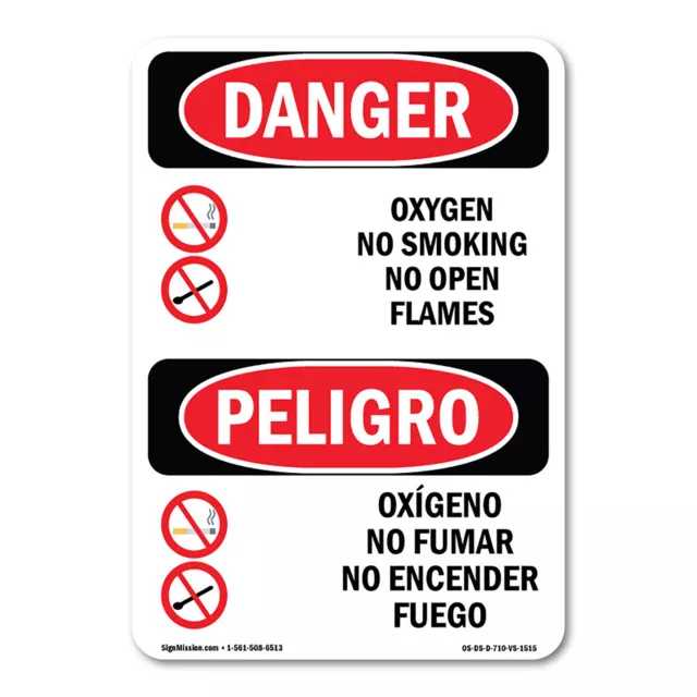 Oxygen No Smoking No Open Flames Bilingual ANSI Danger Sign Metal Plastic Decal