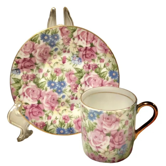 Royal Chintz Arnart 5th Ave “1562” Demitasse Cup And Saucer 1950’s Pink & Blue