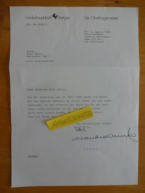 OB MANFRED ROMMEL über Generalfeldmarschall Erwin Rommel, Brief ...