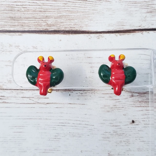 Vintage Clip On Earrings Dainty Red & Green Fly 5/8"