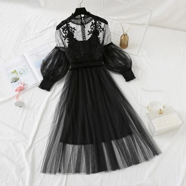 Robe Lolita Rétro - Dentelle Florale, Manches Ballons, Plissé Stretch - Polyester - Taille Unique - Neuf Avec étiquette