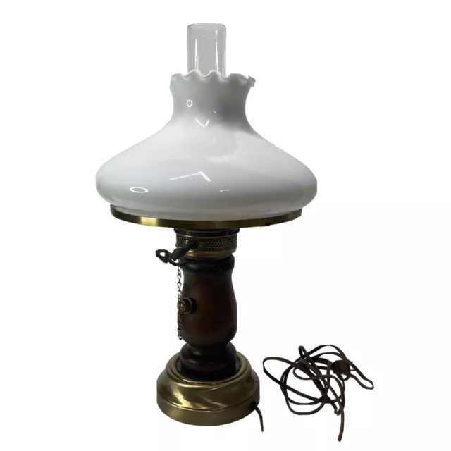 Vtg Electric Lamp Brass Wood Aladin Oil White Glass Shade Hurricane Globe