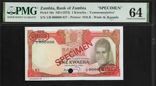 Zambia 1 Kwacha 1973 Specimen PMG 64 UNC P# 16c PMG Population 1/0