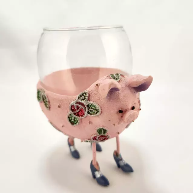 Vintage Clay & Glass Votive Candle Holder 4.25" Fancy Pink Pig Roses High Heels