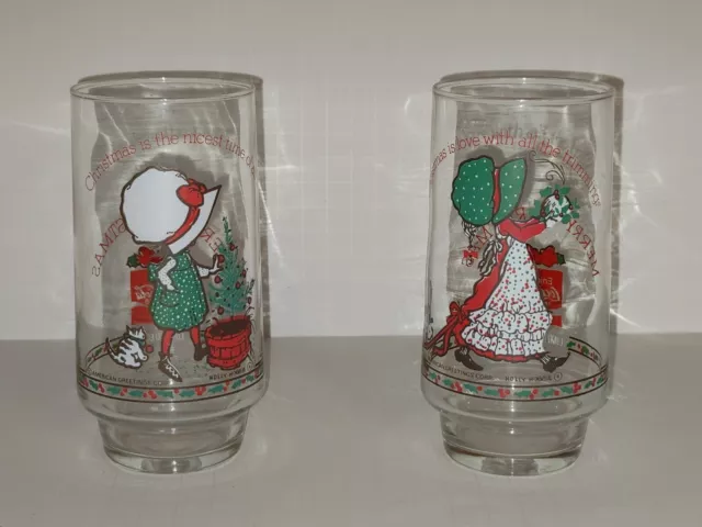 2 Holly Hobbie Drinking Glass Coca Cola Christmas American Greeting Glasses