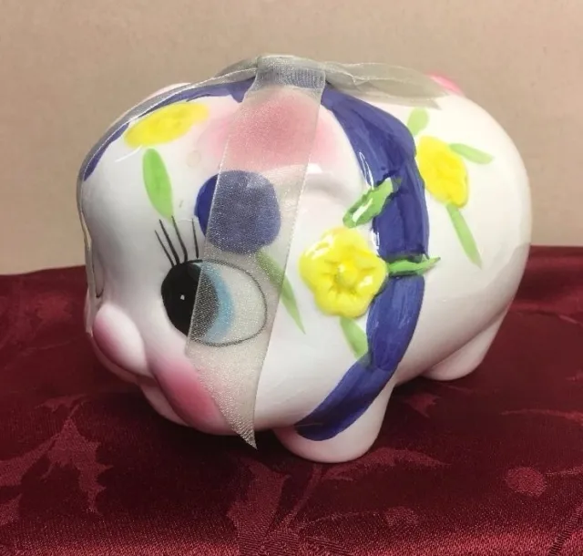 Cute Vintage Ceramic Hand-Painted Piggy Bank Blue Ribbon Yellow Flowers - Japan