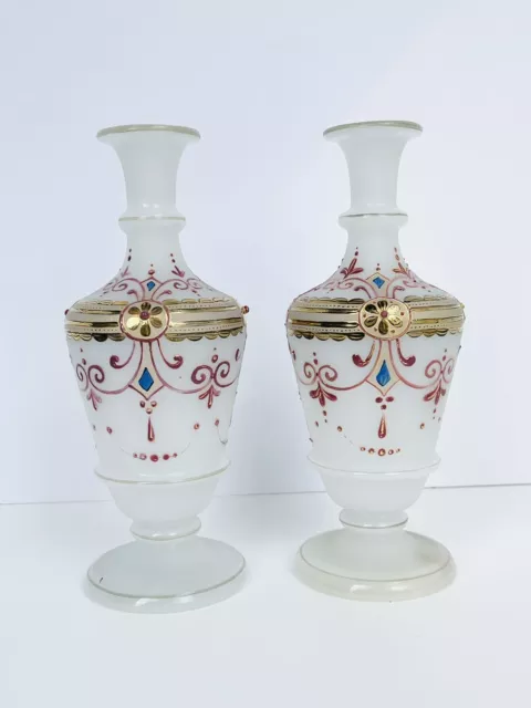 Vintage Antique French OPALINE Bud Vases Vase Satin Glass Jeweled Enameled Gold