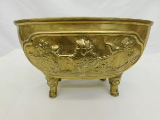 Antique Chinese Brass Footed Pot Embossed Signature Floral Bird Butterfly