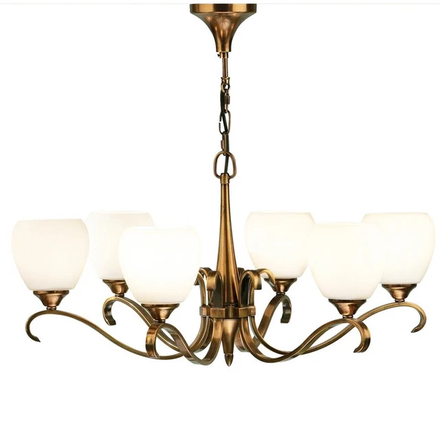 Luxus Hänge Deckenanhänger Leuchte Antik Messing Opal Glas 6 Lampen Kronleuchter