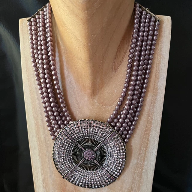 HEIDI DAUS Belgium Disc 6 Strand Aubergine Pearl w/  Swarovski Crystals Necklace