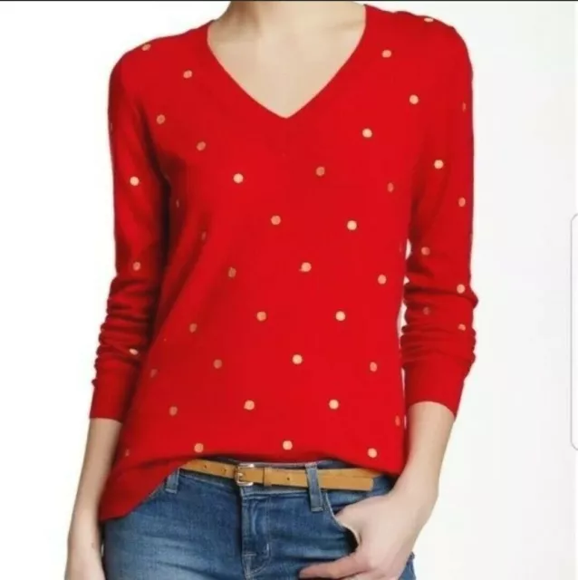 J Crew Women's Merino Wool Blend Red Gold Polka Dot V-Neck Pullover Sweater M