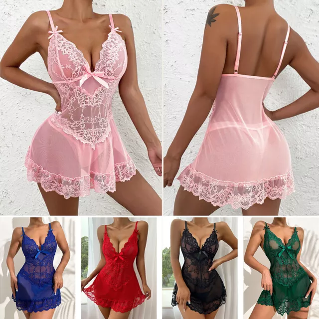 Women Ladies Sexy Mini Lace Dress Lingerie Sleepwear Nightie Nightdress +