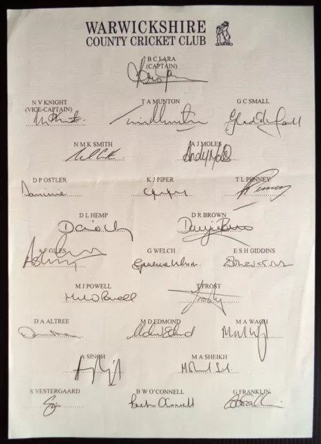 Warwickshire County Cricket Club 1998 Official Autograph Team Sheet Brian Lara