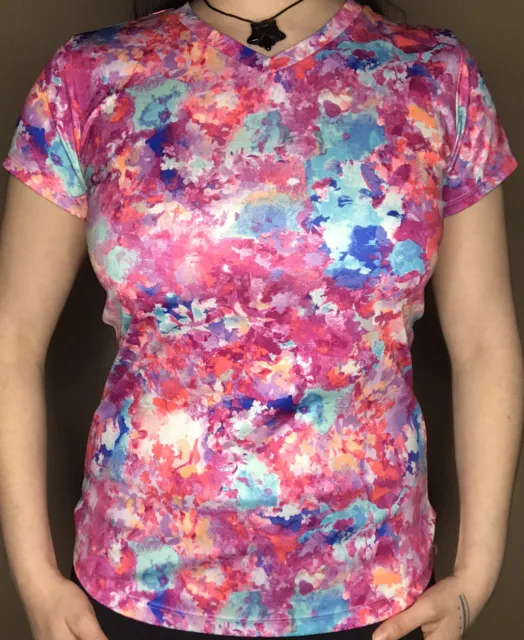 Champion Girls XL Pink Blue Watercolor Stretch Athletic Sport V-neck T Shirt