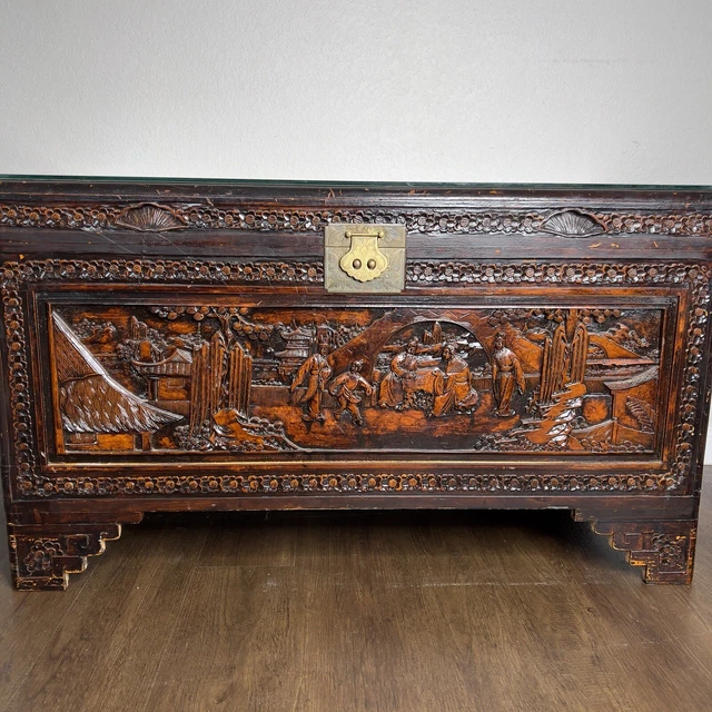 Chinese Deeply Carved Camphor Wood Chest Trunk Stunning Genuine Center piece